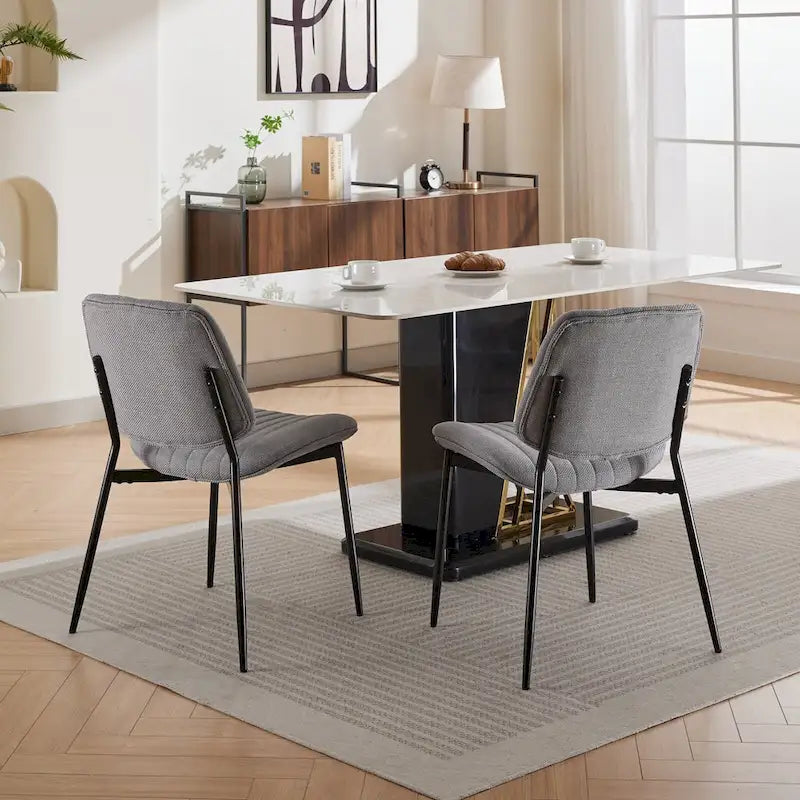 2 Piece Linen Dining Chair Set with Metal Legs, Curved Backrest Dining Room Chair Indoor Lounge Side Chair