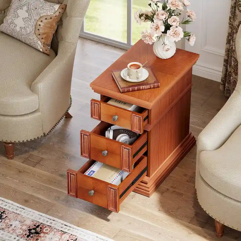 Schmaler Beistelltisch mit 3 Schubladen, Vintage-Sofatisch