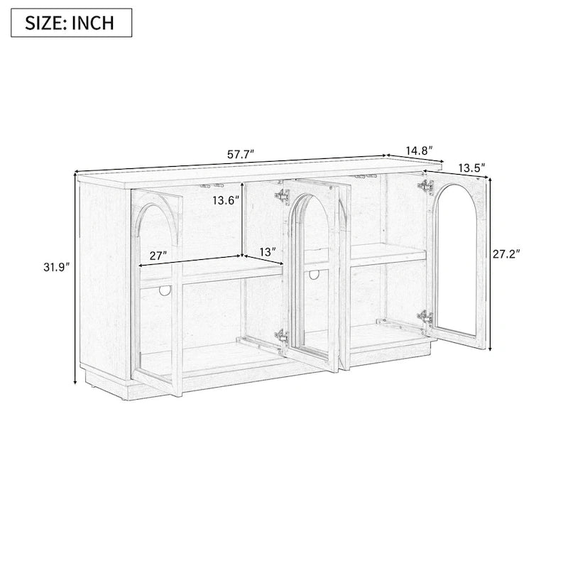 Grande aparador de arrumação com 4 portas e portas de vidro, prateleiras ajustáveis e design arqueado para cozinha e sala de jantar