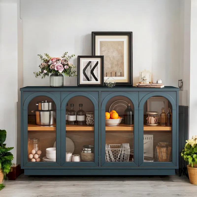 Grande aparador de arrumação com 4 portas e portas de vidro, prateleiras ajustáveis e design arqueado para cozinha e sala de jantar