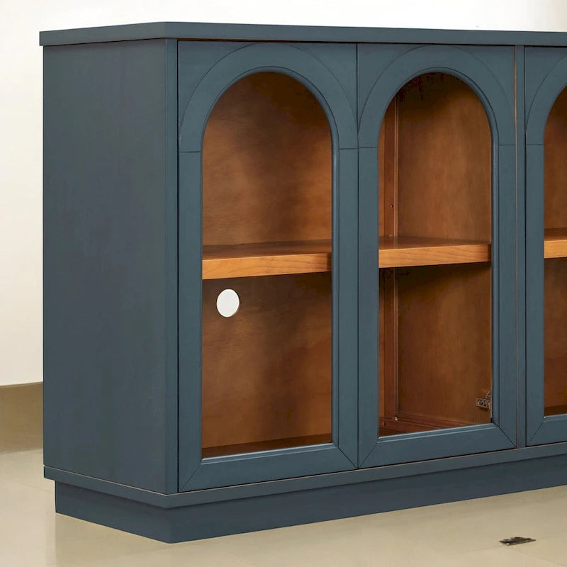Grande aparador de arrumação com 4 portas e portas de vidro, prateleiras ajustáveis e design arqueado para cozinha e sala de jantar