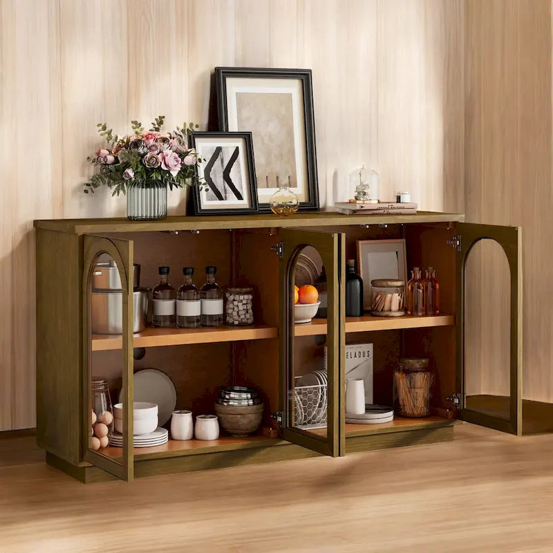 Grande aparador de arrumação com 4 portas e portas de vidro, prateleiras ajustáveis e design arqueado para cozinha e sala de jantar