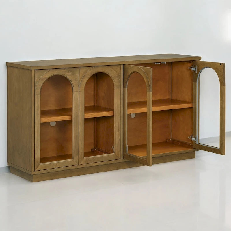 Grande aparador de arrumação com 4 portas e portas de vidro, prateleiras ajustáveis e design arqueado para cozinha e sala de jantar