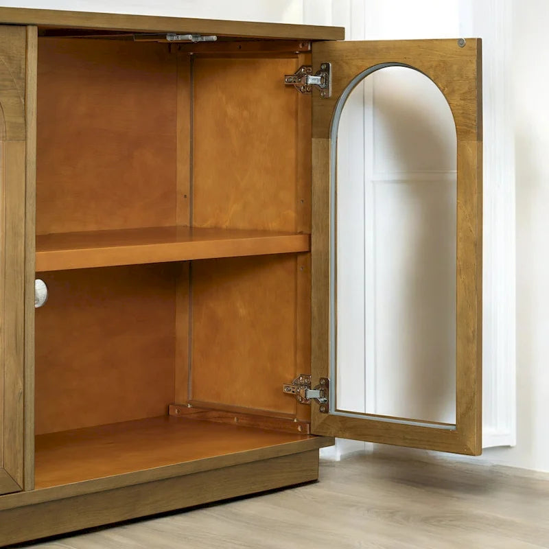 Grande aparador de arrumação com 4 portas e portas de vidro, prateleiras ajustáveis e design arqueado para cozinha e sala de jantar