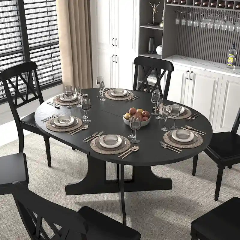 Mesa de jantar redonda moderna com tampo extensível e base em X para refeições em família, espaços pequenos e vários estilos