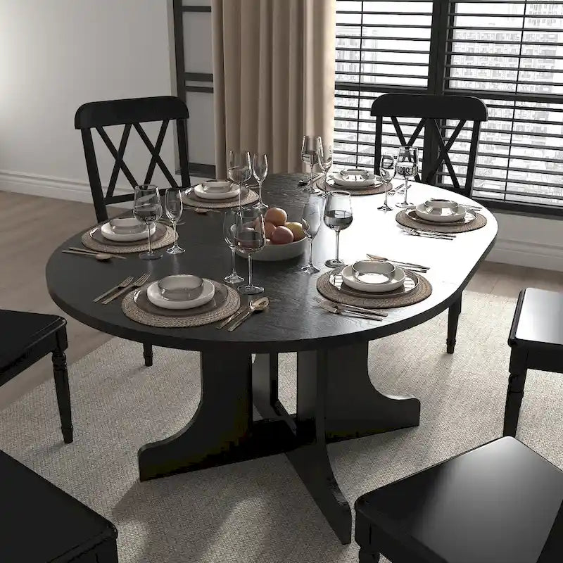 Mesa de jantar redonda moderna com tampo extensível e base em X para refeições em família, espaços pequenos e vários estilos