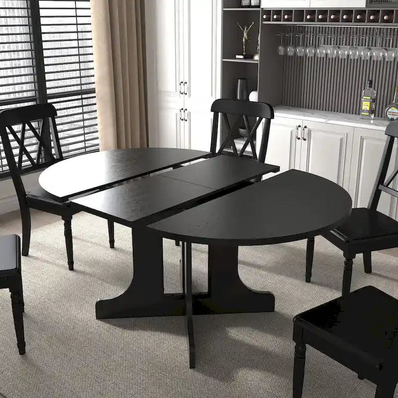 Mesa de jantar redonda moderna com tampo extensível e base em X para refeições em família, espaços pequenos e vários estilos