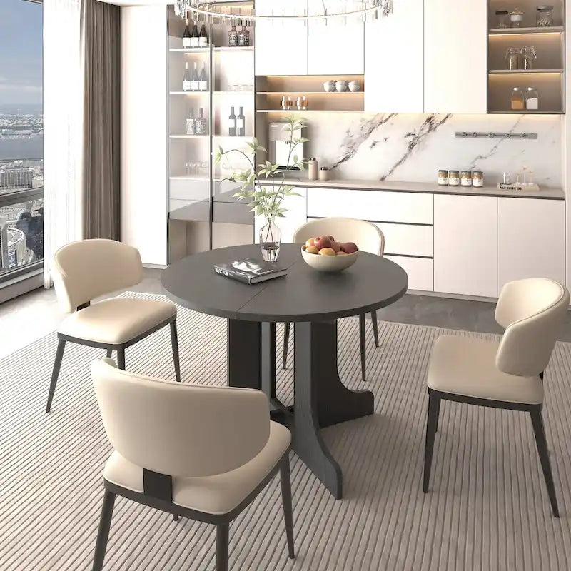 Mesa de jantar redonda moderna com tampo extensível e base em X para refeições em família, espaços pequenos e vários estilos