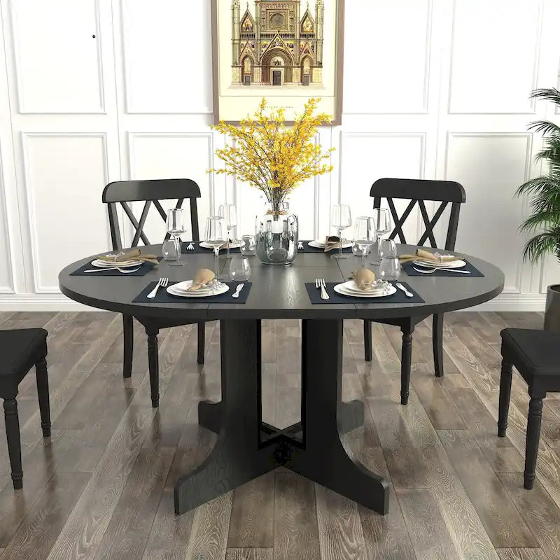Mesa de jantar redonda moderna com tampo extensível e base em X para refeições em família, espaços pequenos e vários estilos