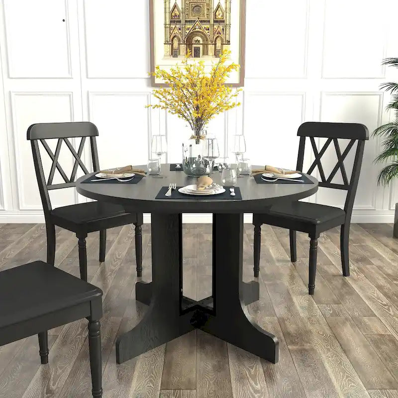 Mesa de jantar redonda moderna com tampo extensível e base em X para refeições em família, espaços pequenos e vários estilos