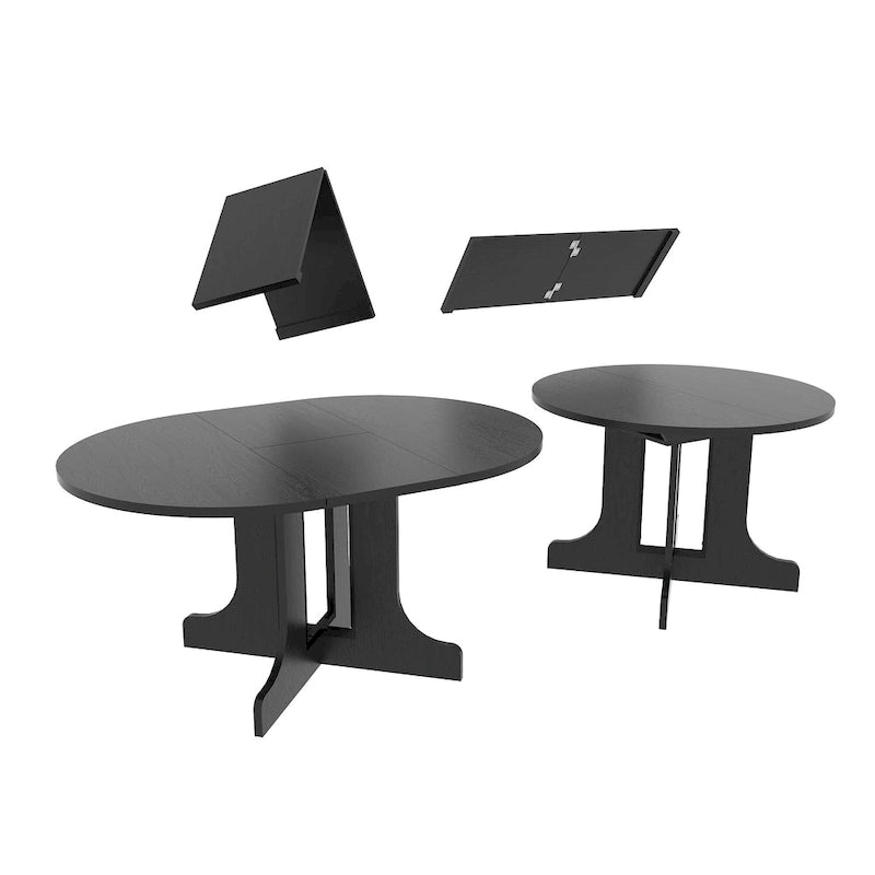 Mesa de jantar redonda moderna com tampo extensível e base em X para refeições em família, espaços pequenos e vários estilos