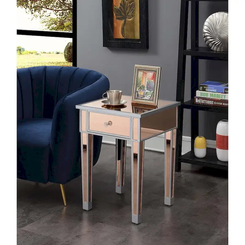 Tavolino laterale glamour con specchio e 1 cassetto