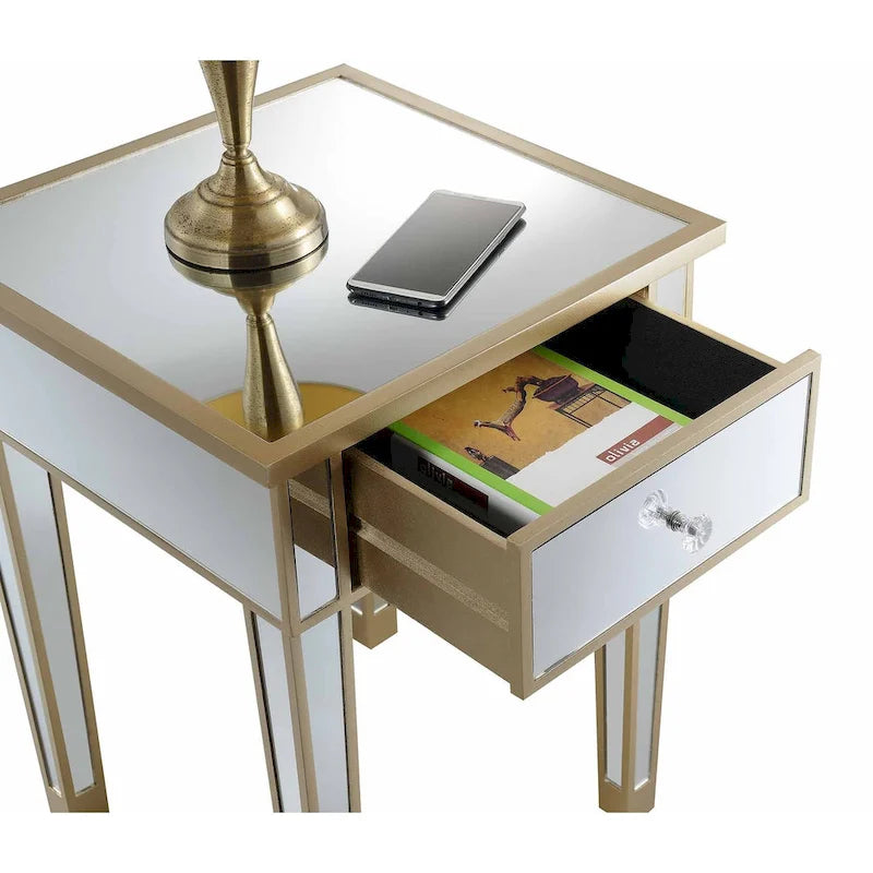 Tavolino laterale glamour con specchio e 1 cassetto