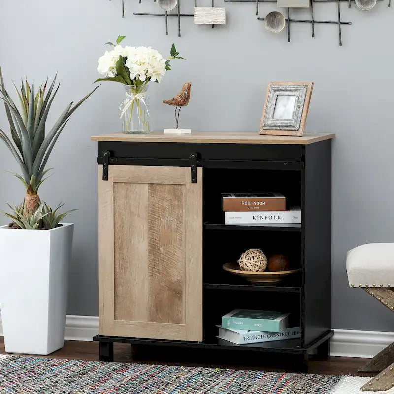 Czarno-dębowa szafka na wino z drewna konstrukcyjnego - 32.5 H x 31.5 W x 15.75 D