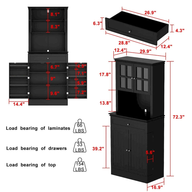 Buffetkast met opzetkast, keukenkast en voorraadkast, wit dressoir