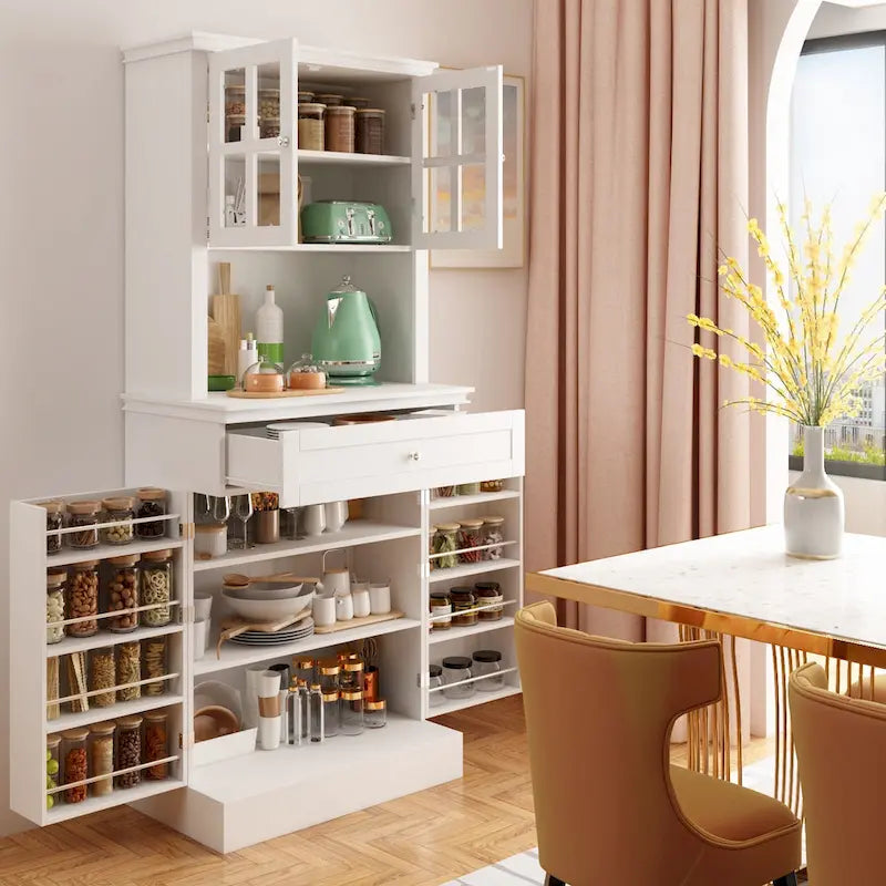 Buffetkast met opzetkast, keukenkast en voorraadkast, wit dressoir