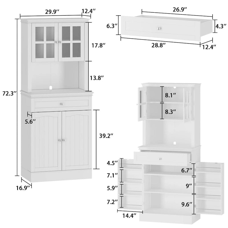 Buffetkast met opzetkast, keukenkast en voorraadkast, wit dressoir