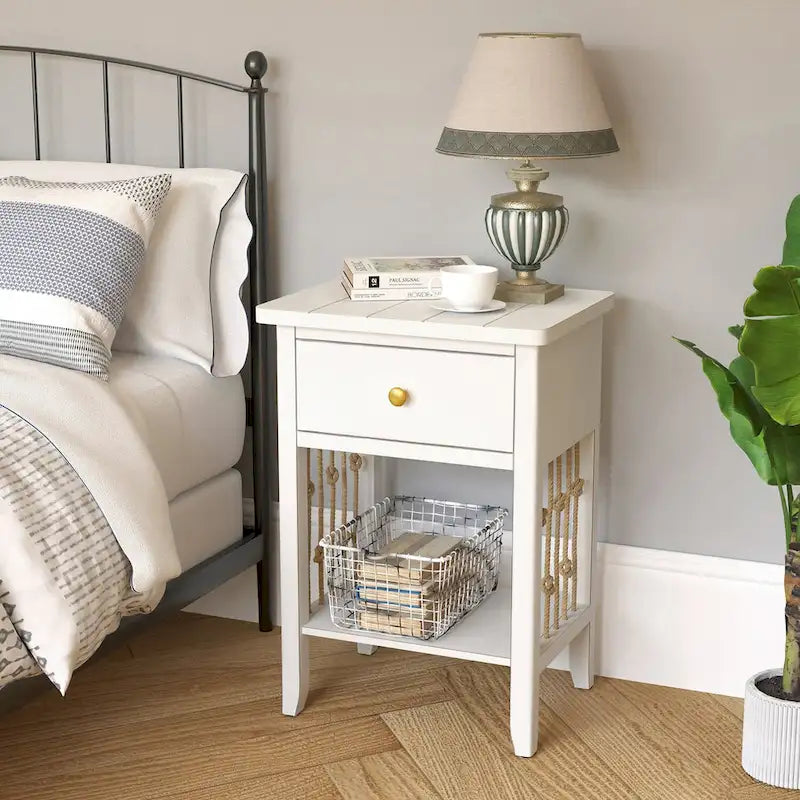 Distressed White End Table with Drawer - 14"D x 18"W x 26.4"H