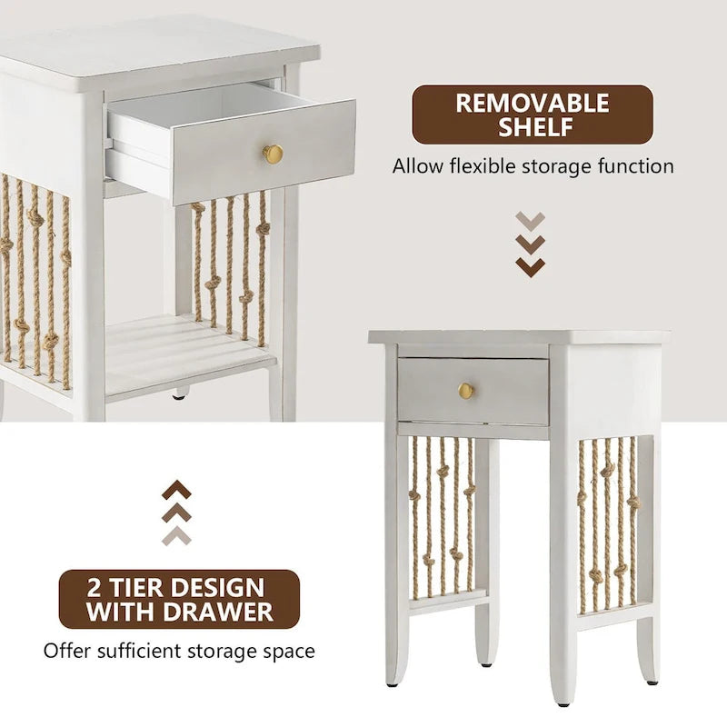 Distressed White End Table with Drawer - 14"D x 18"W x 26.4"H