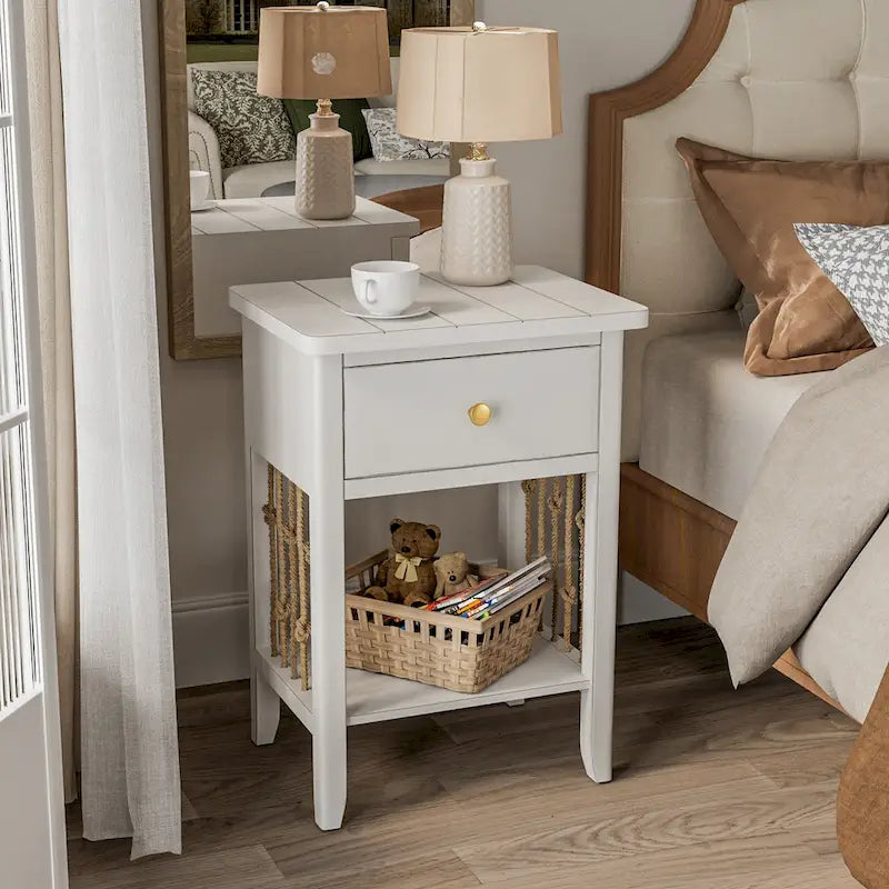Distressed White End Table with Drawer - 14"D x 18"W x 26.4"H