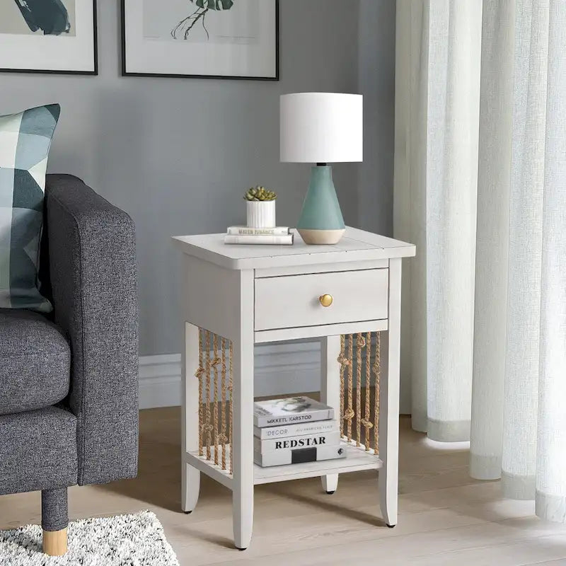 Distressed White End Table with Drawer - 14"D x 18"W x 26.4"H