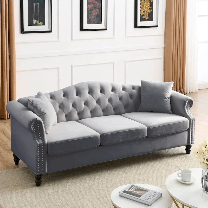 79" Chesterfield Sofa Grey Velvet, 3-Seater with Rolled Arms and Nailhead