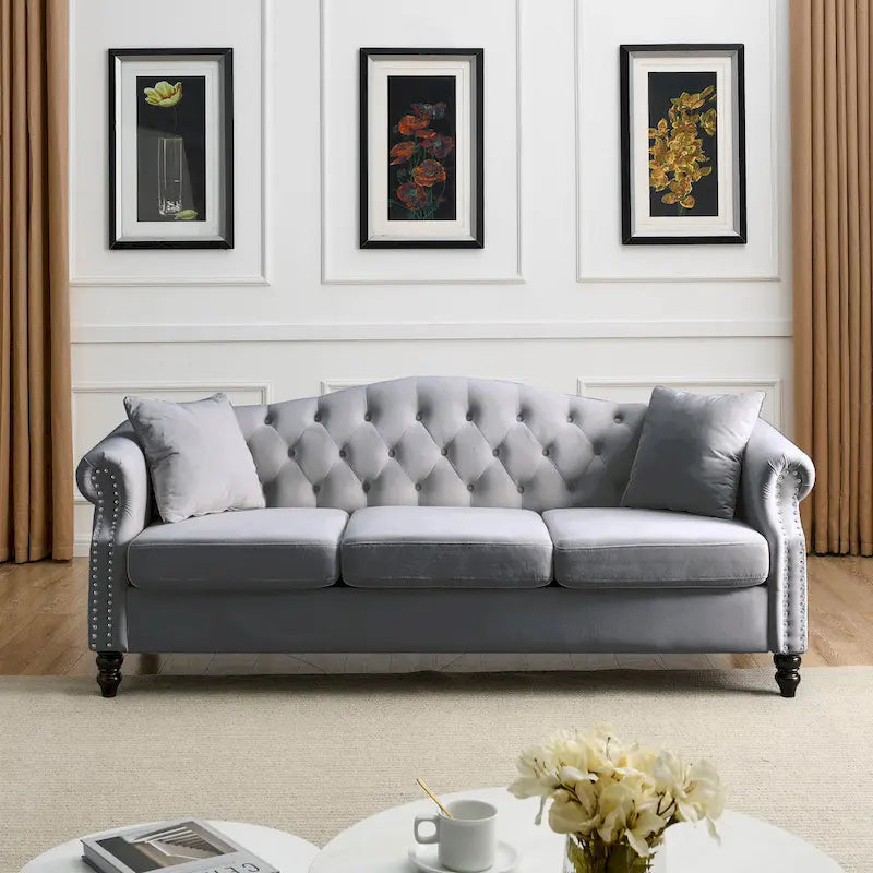 79" Chesterfield Sofa Grey Velvet, 3-Seater with Rolled Arms and Nailhead