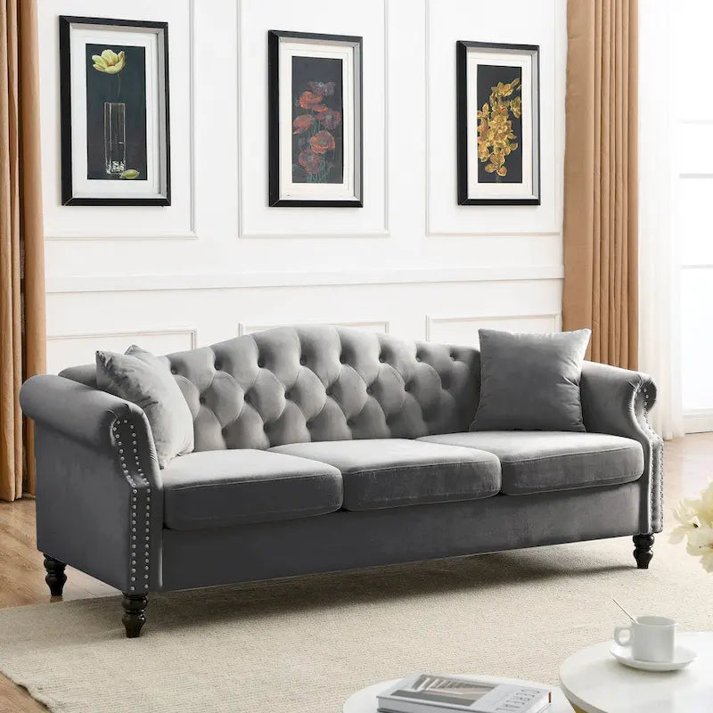 79" Chesterfield Sofa Grey Velvet, 3-Seater with Rolled Arms and Nailhead