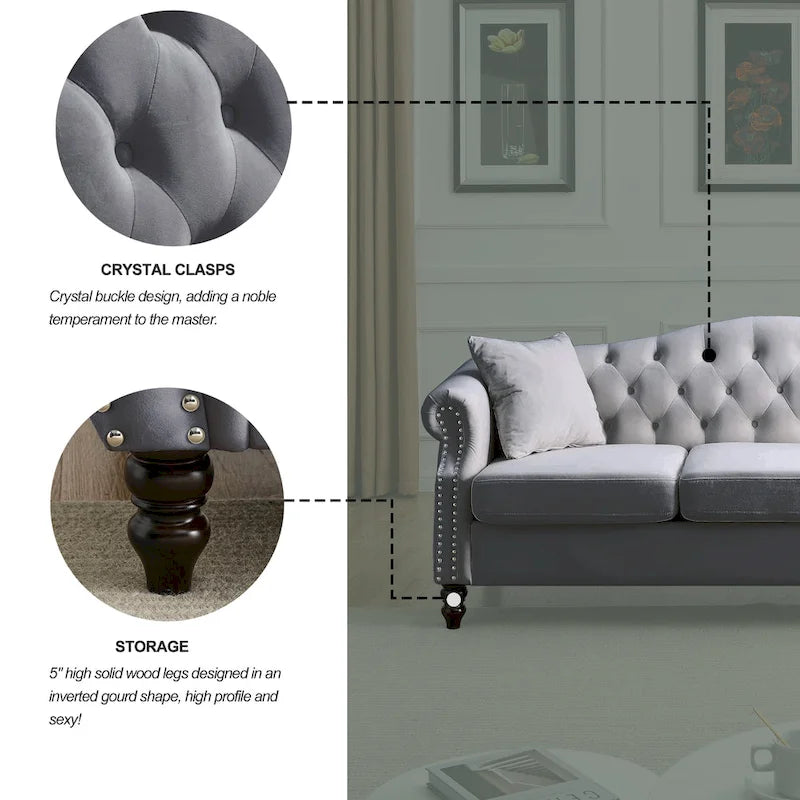 79" Chesterfield Sofa Grey Velvet, 3-Seater with Rolled Arms and Nailhead