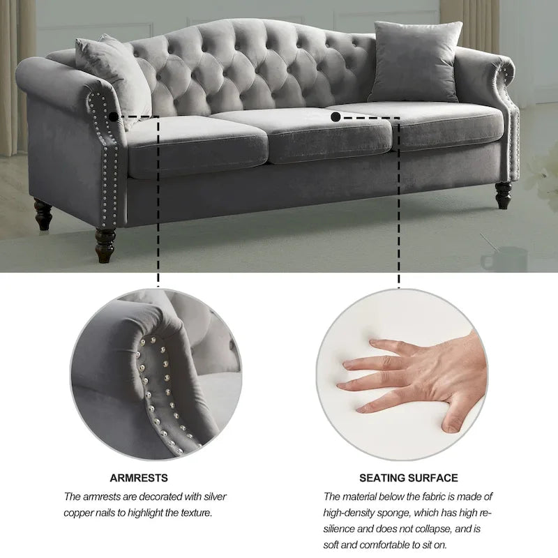 79" Chesterfield Sofa Grey Velvet, 3-Seater with Rolled Arms and Nailhead