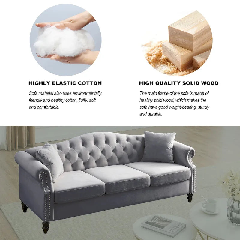 79" Chesterfield Sofa Grey Velvet, 3-Seater with Rolled Arms and Nailhead