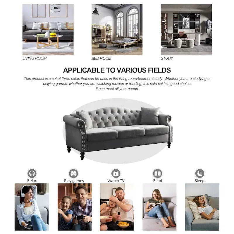 79" Chesterfield Sofa Grey Velvet, 3-Seater with Rolled Arms and Nailhead