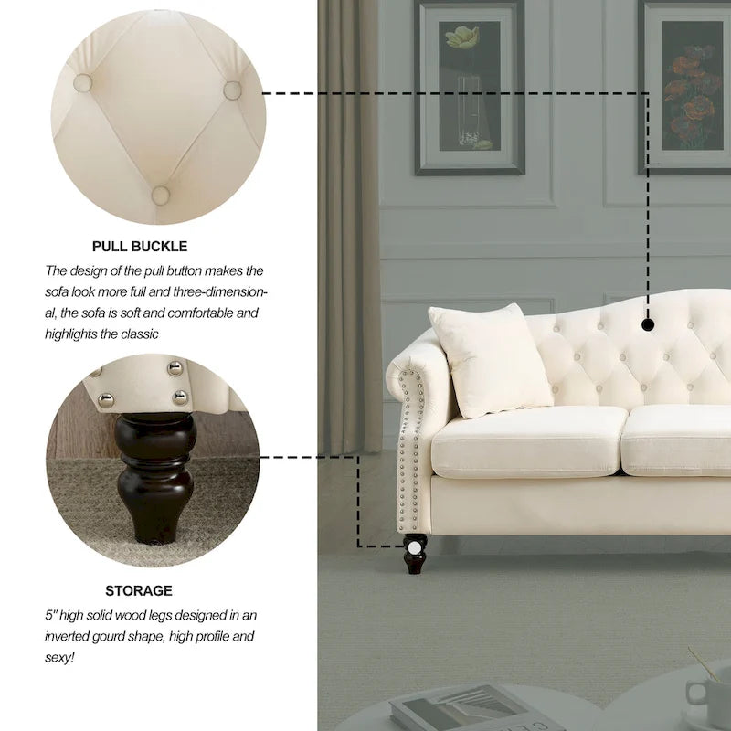 79" Chesterfield Sofa Grey Velvet, 3-Seater with Rolled Arms and Nailhead