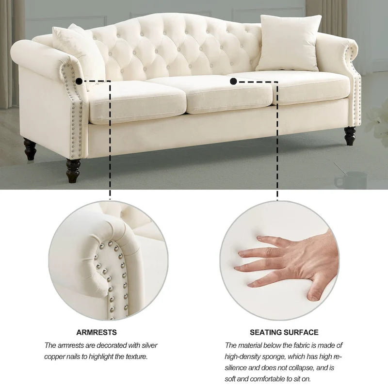 79" Chesterfield Sofa Grey Velvet, 3-Seater with Rolled Arms and Nailhead