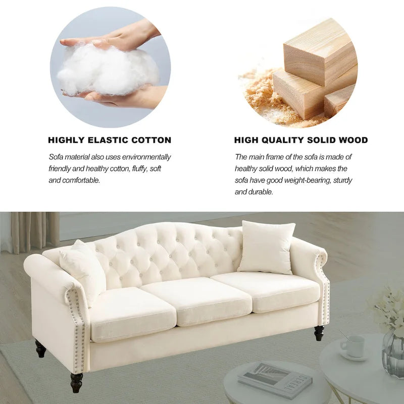 79" Chesterfield Sofa Grey Velvet, 3-Seater with Rolled Arms and Nailhead
