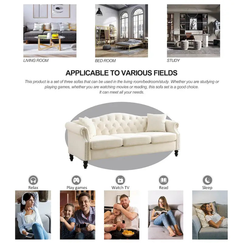 79" Chesterfield Sofa Grey Velvet, 3-Seater with Rolled Arms and Nailhead