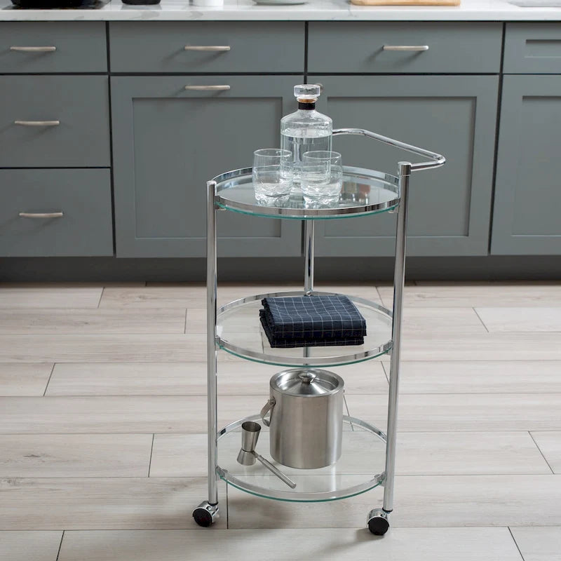 Circular Tempered Glass Rolling Serving Cart - 15.25 x 16.75 x 29.75