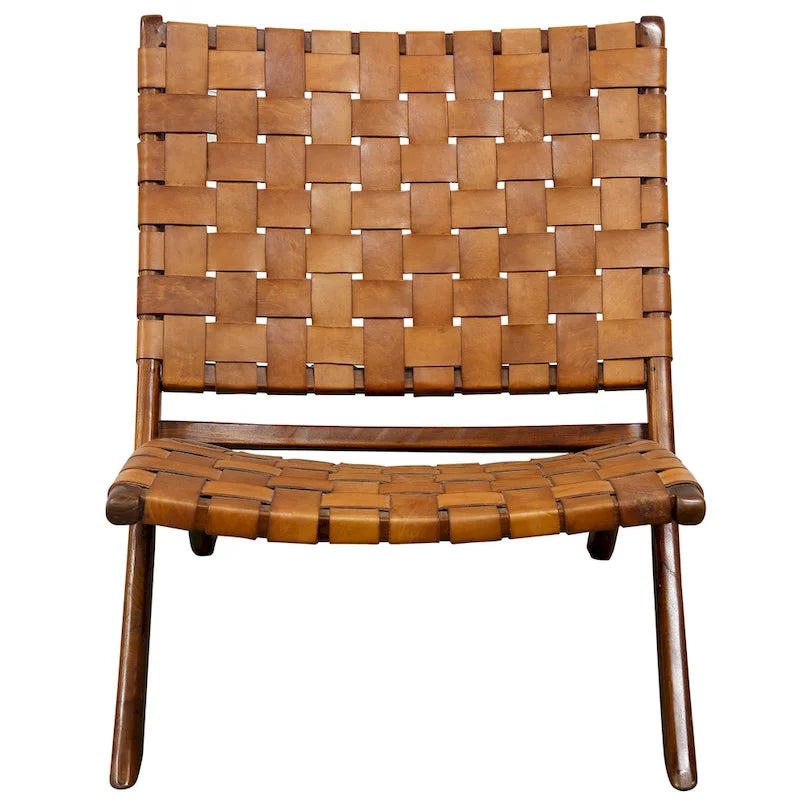 Loungefauteuil van bruin leer met vlechtpatroon