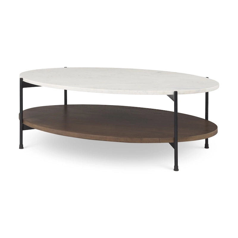 White Marble Top Oval Coffee Table with Dark Brown Wood Shelf