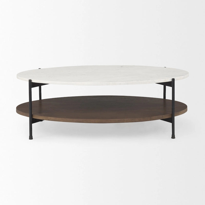 White Marble Top Oval Coffee Table with Dark Brown Wood Shelf