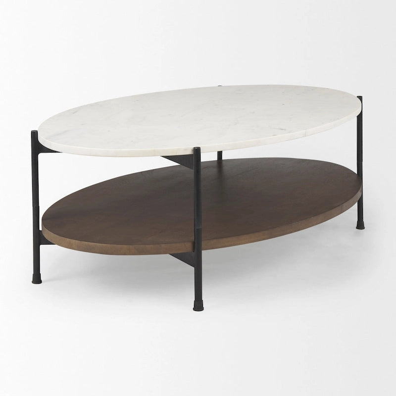 White Marble Top Oval Coffee Table with Dark Brown Wood Shelf