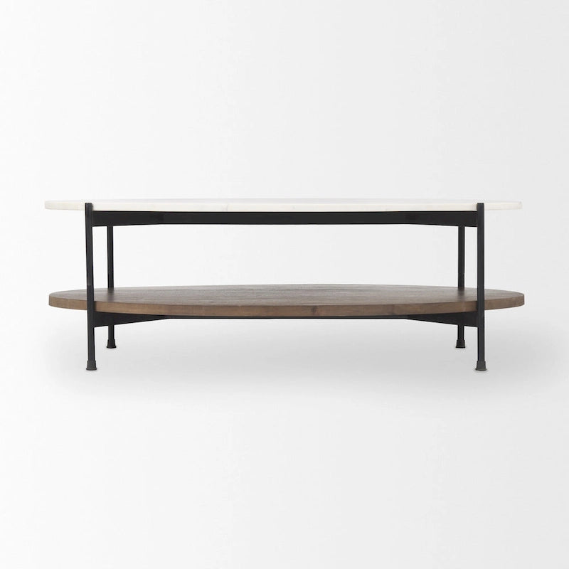 White Marble Top Oval Coffee Table with Dark Brown Wood Shelf