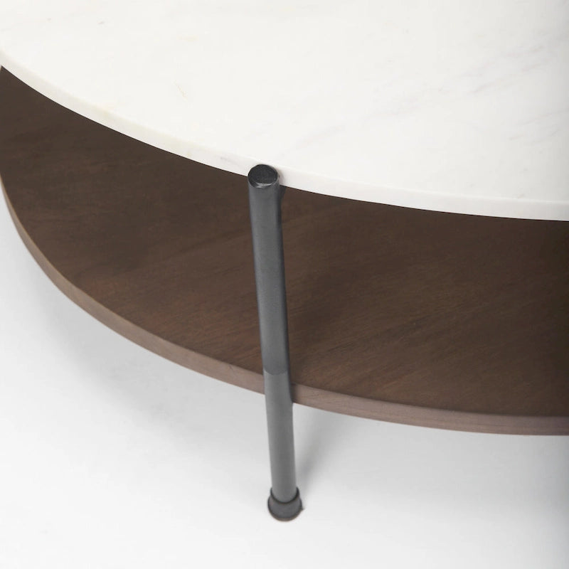 White Marble Top Oval Coffee Table with Dark Brown Wood Shelf