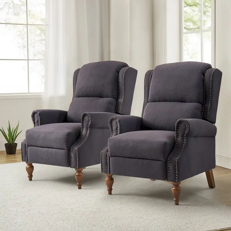 Traditional Roll Arm Manual Recliner with Solid Wood Legs, Set of 2
