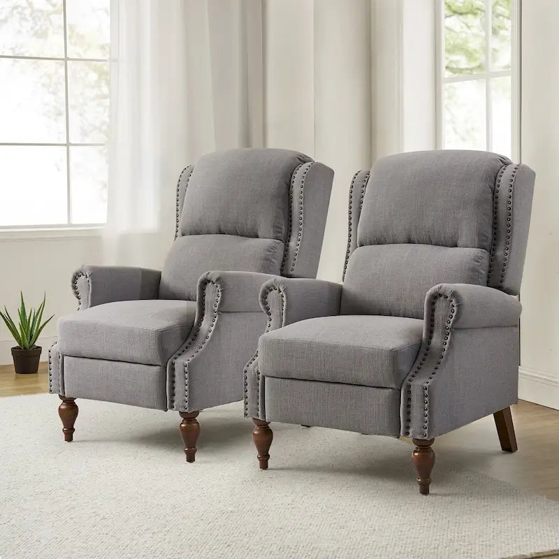 Traditional Roll Arm Manual Recliner with Solid Wood Legs, Set of 2