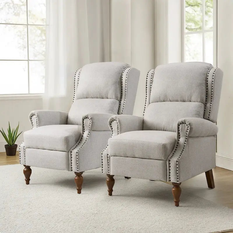 Traditional Roll Arm Manual Recliner with Solid Wood Legs, Set of 2