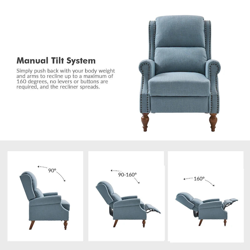 Traditional Roll Arm Manual Recliner with Solid Wood Legs, Set of 2