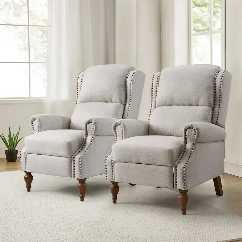 Traditional Roll Arm Manual Recliner with Solid Wood Legs, Set of 2
