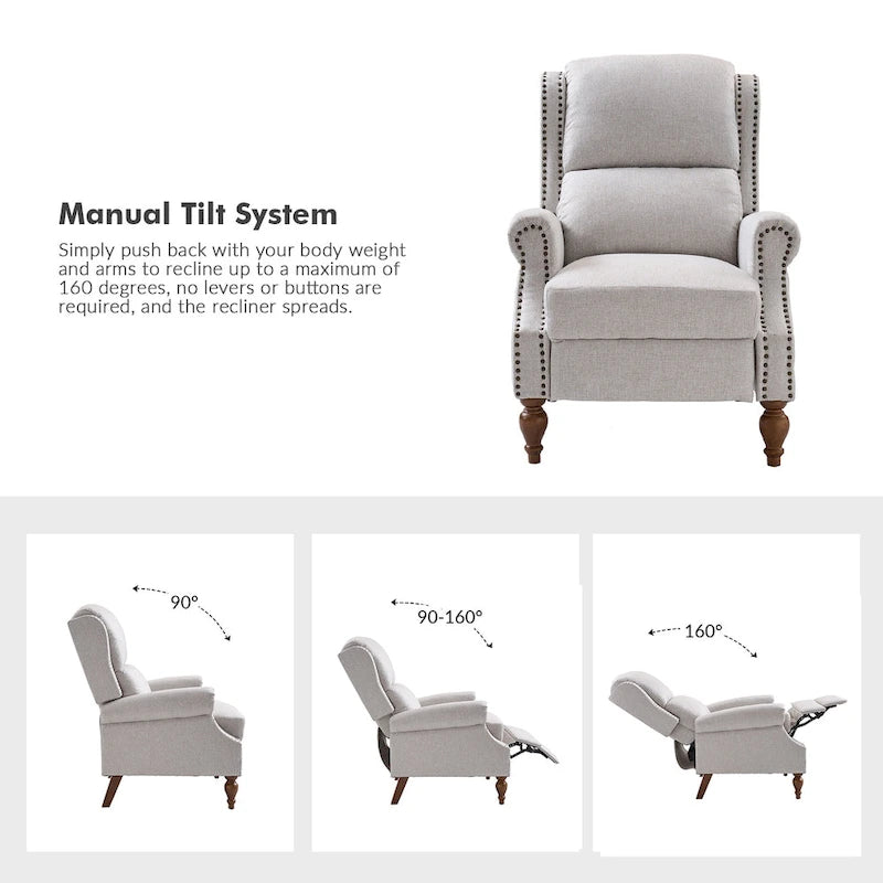 Traditional Roll Arm Manual Recliner with Solid Wood Legs, Set of 2
