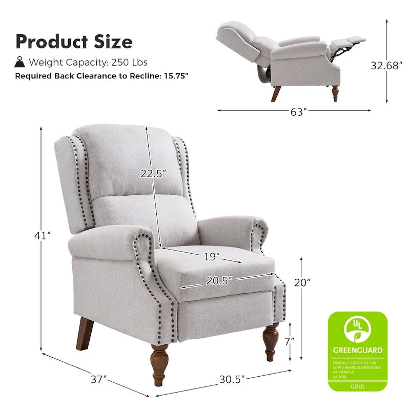 Traditional Roll Arm Manual Recliner with Solid Wood Legs, Set of 2